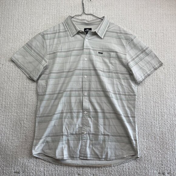 O'Neill Button Up Shirt Off-White / Grey w/Blue Striped Short Sleeve Surf Men XL - Picture 1 of 15